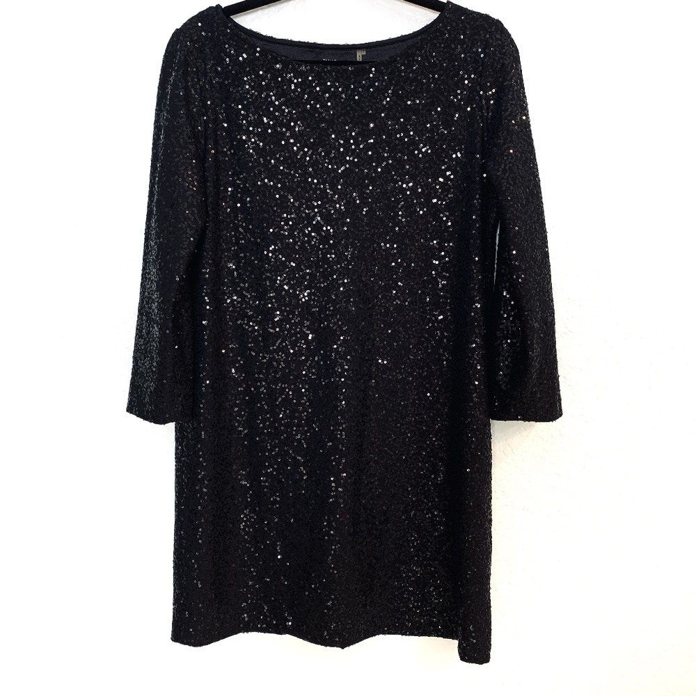 Tahari Black Sequins Shift Dress Size Medium Cocktail Whimsy Goth Sparkle